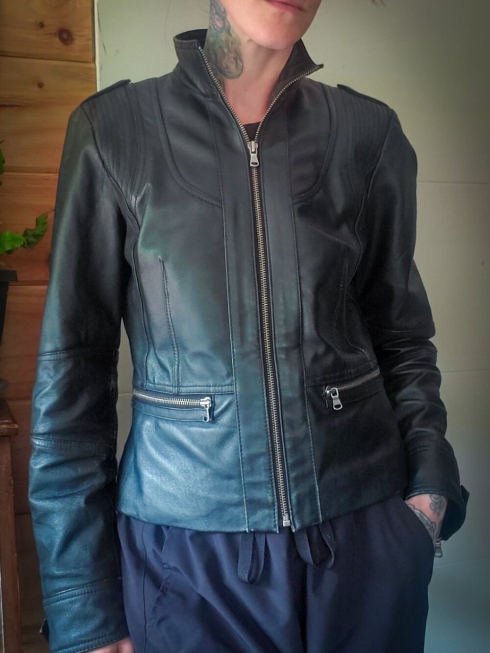 Black Rivet Size Small Leather Biker Coat
